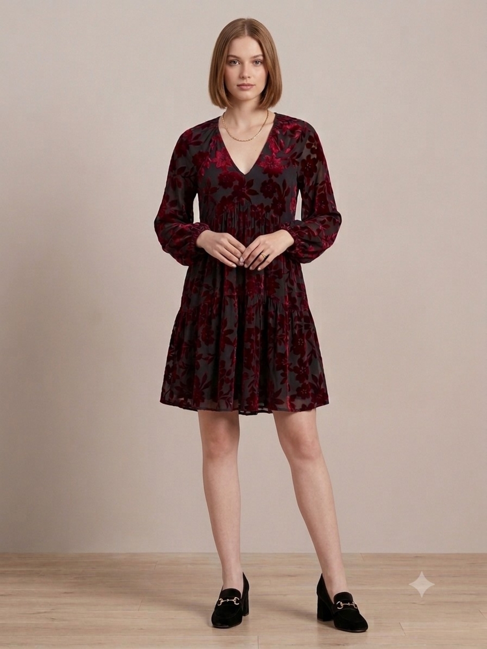 Taylor Burgundy and Black Floral Velvet V‑Neck Long Sleeve Mini Dress